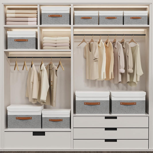 Storage Bins with Lids, Fabric Foldable Boxes, Washable and Leather Handle, Cube Organizer Basket for Home, Closet, White/Grey, 17.7''Lx11.8''Wx11.8''H, 5-Pack, USNK024WGX-5