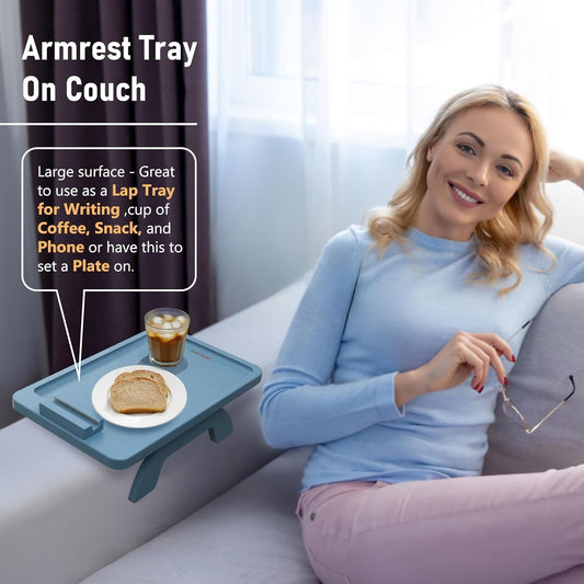 Couch Arm Table, Bamboo Sofa Clip on Tray Tables,Sofa Armrest Tray with 360° Phone Holder,Couch Armrest Table for Eating and Drinking