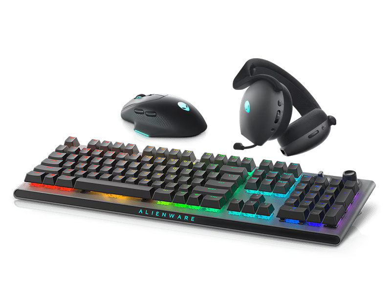 RGB backlit gaming keyboard and ergonomic mouse on a modern desk setup.