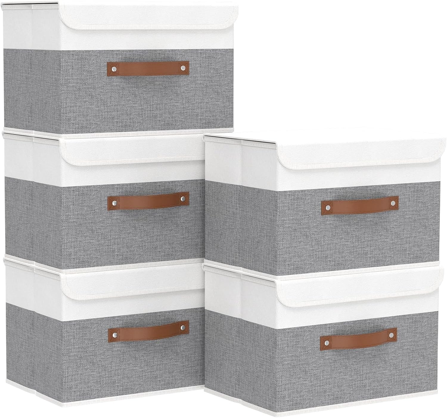 Storage Bins with Lids, Fabric Foldable Boxes, Washable and Leather Handle, Cube Organizer Basket for Home, Closet, White/Grey, 17.7''Lx11.8''Wx11.8''H, 5-Pack, USNK024WGX-5
