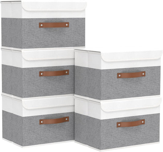 Storage Bins with Lids, Fabric Foldable Boxes, Washable and Leather Handle, Cube Organizer Basket for Home, Closet, White/Grey, 17.7''Lx11.8''Wx11.8''H, 5-Pack, USNK024WGX-5