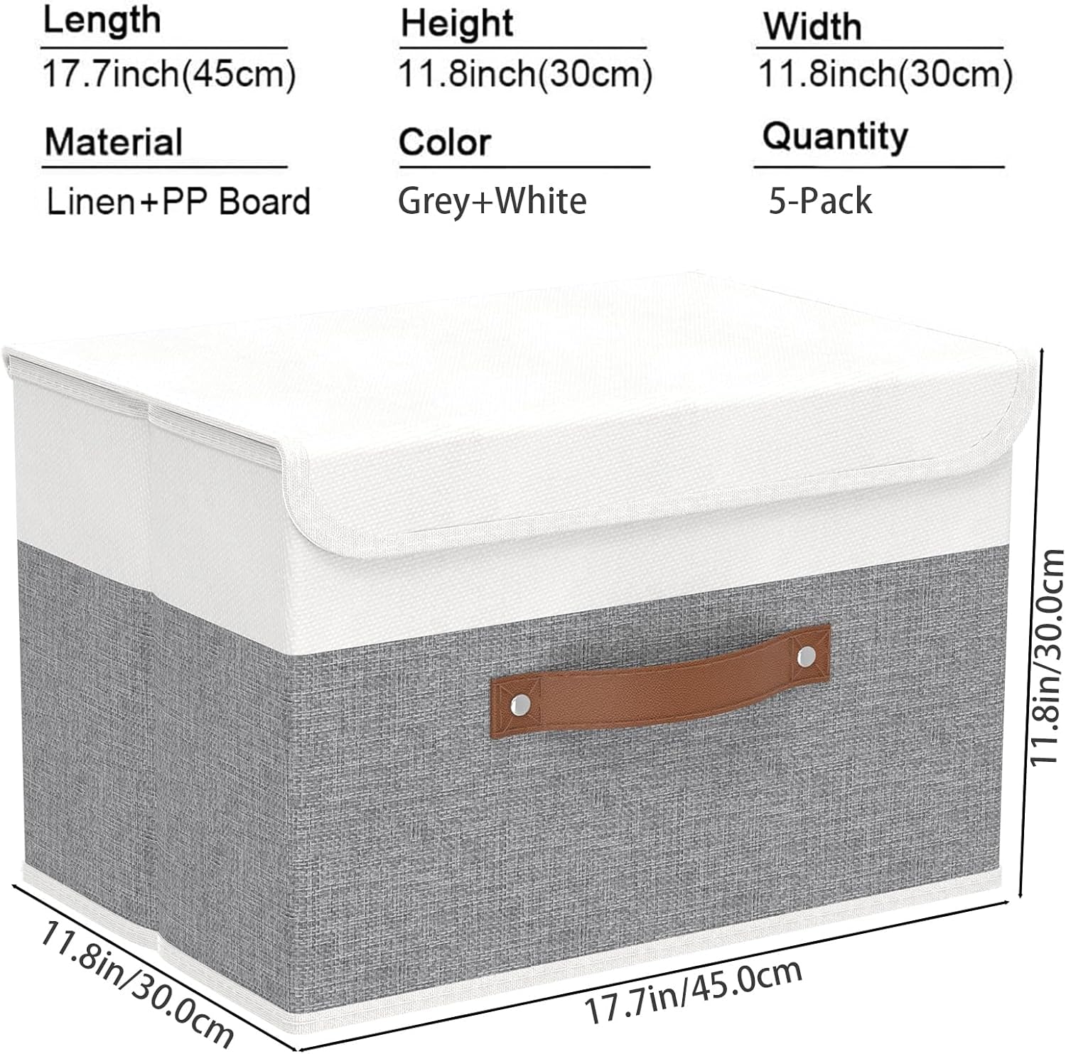 Storage Bins with Lids, Fabric Foldable Boxes, Washable and Leather Handle, Cube Organizer Basket for Home, Closet, White/Grey, 17.7''Lx11.8''Wx11.8''H, 5-Pack, USNK024WGX-5