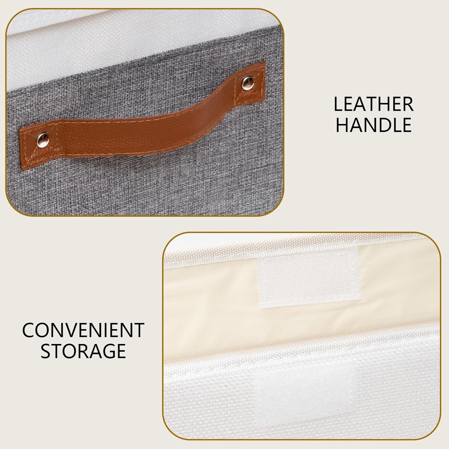 Storage Bins with Lids, Fabric Foldable Boxes, Washable and Leather Handle, Cube Organizer Basket for Home, Closet, White/Grey, 17.7''Lx11.8''Wx11.8''H, 5-Pack, USNK024WGX-5