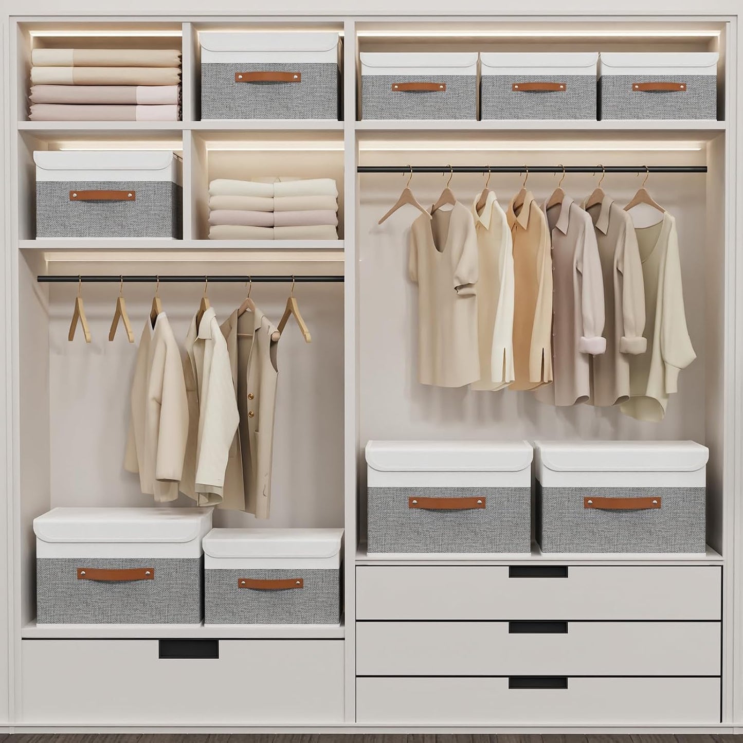Storage Bins with Lids, Fabric Foldable Boxes, Washable and Leather Handle, Cube Organizer Basket for Home, Closet, White/Grey, 17.7''Lx11.8''Wx11.8''H, 5-Pack, USNK024WGX-5