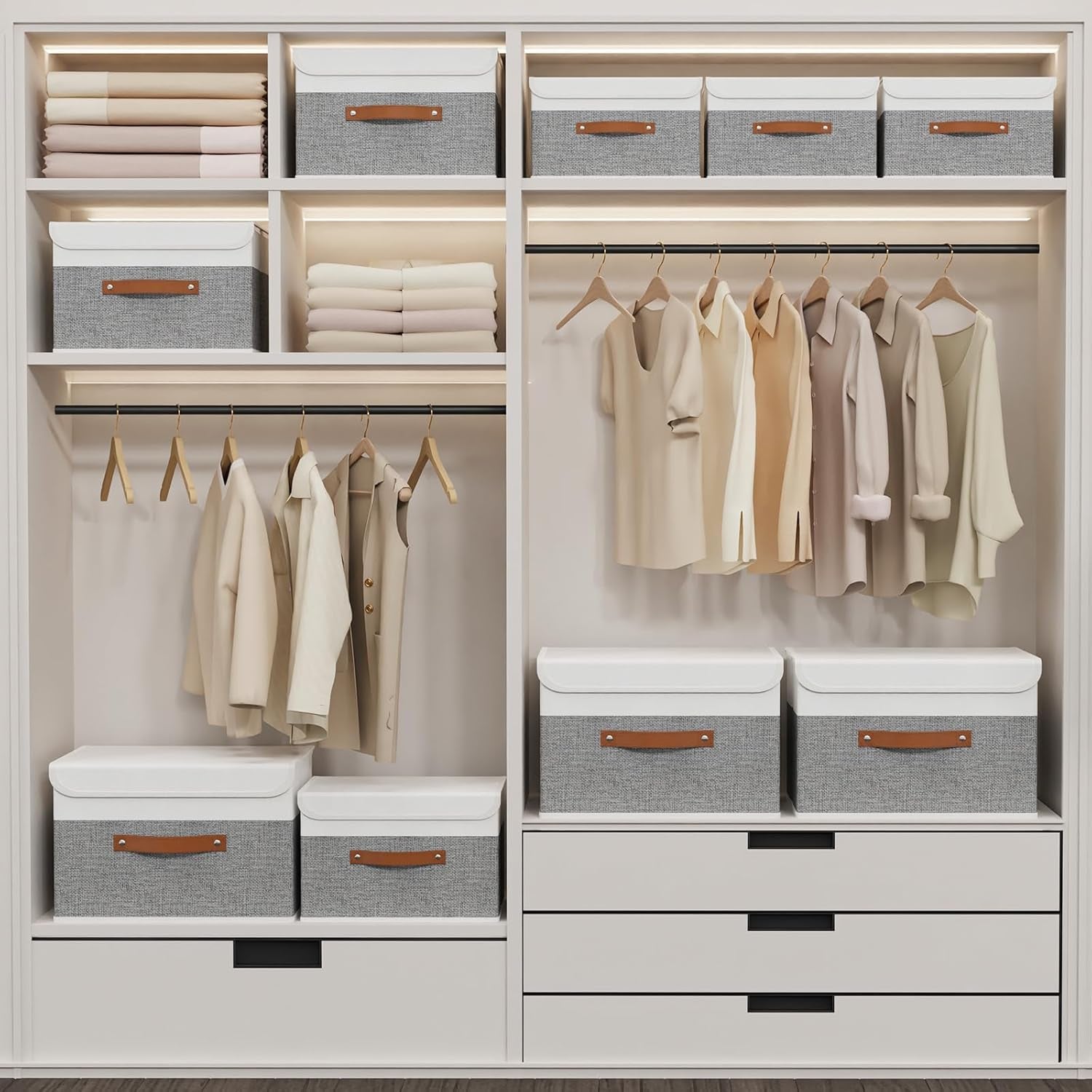 Storage Bins with Lids, Fabric Foldable Boxes, Washable and Leather Handle, Cube Organizer Basket for Home, Closet, White/Grey, 17.7''Lx11.8''Wx11.8''H, 5-Pack, USNK024WGX-5