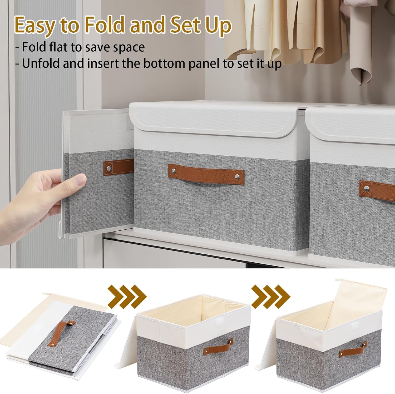 Storage Bins with Lids, Fabric Foldable Boxes, Washable and Leather Handle, Cube Organizer Basket for Home, Closet, White/Grey, 17.7''Lx11.8''Wx11.8''H, 5-Pack, USNK024WGX-5