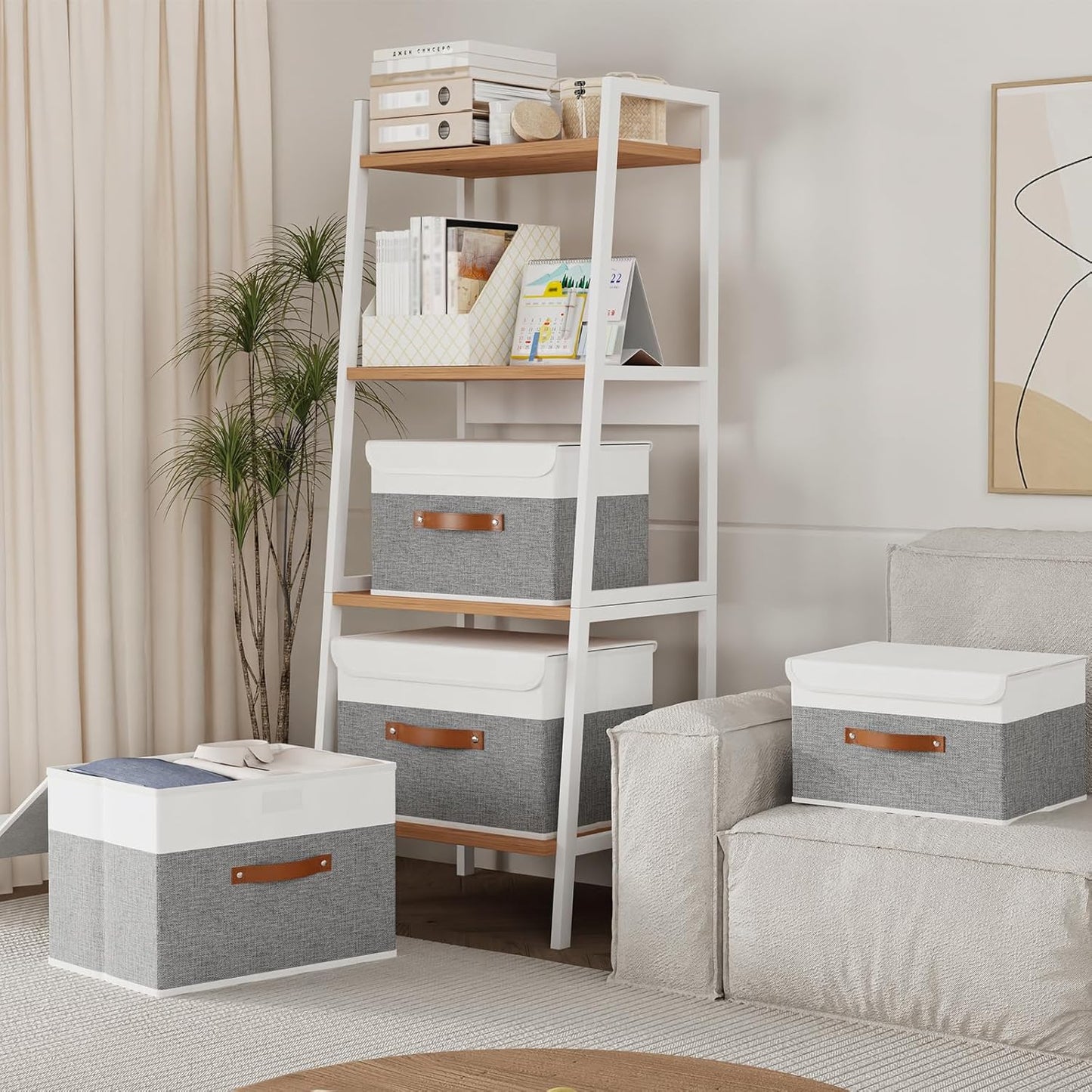 Storage Bins with Lids, Fabric Foldable Boxes, Washable and Leather Handle, Cube Organizer Basket for Home, Closet, White/Grey, 17.7''Lx11.8''Wx11.8''H, 5-Pack, USNK024WGX-5