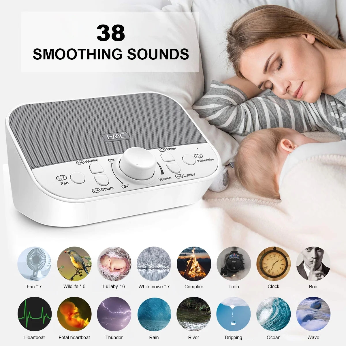 White Noise Machine for Sleeping & Relaxation W/ Timer - 38 Soothing Natural Sounds Maker for Home, Office or Travel