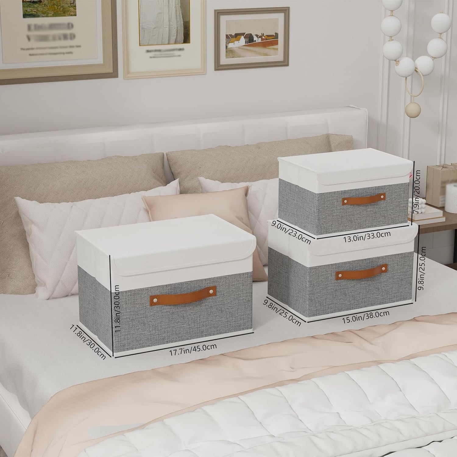 Storage Bins with Lids, Fabric Foldable Boxes, Washable and Leather Handle, Cube Organizer Basket for Home, Closet, White/Grey, 17.7''Lx11.8''Wx11.8''H, 5-Pack, USNK024WGX-5